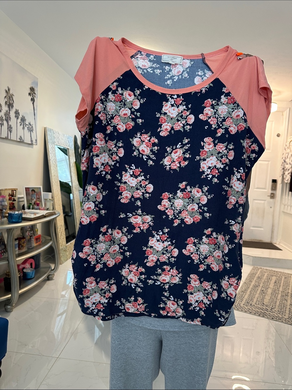 Women’s Floral Raglan Short Sleeve Tee - Navy and Pink